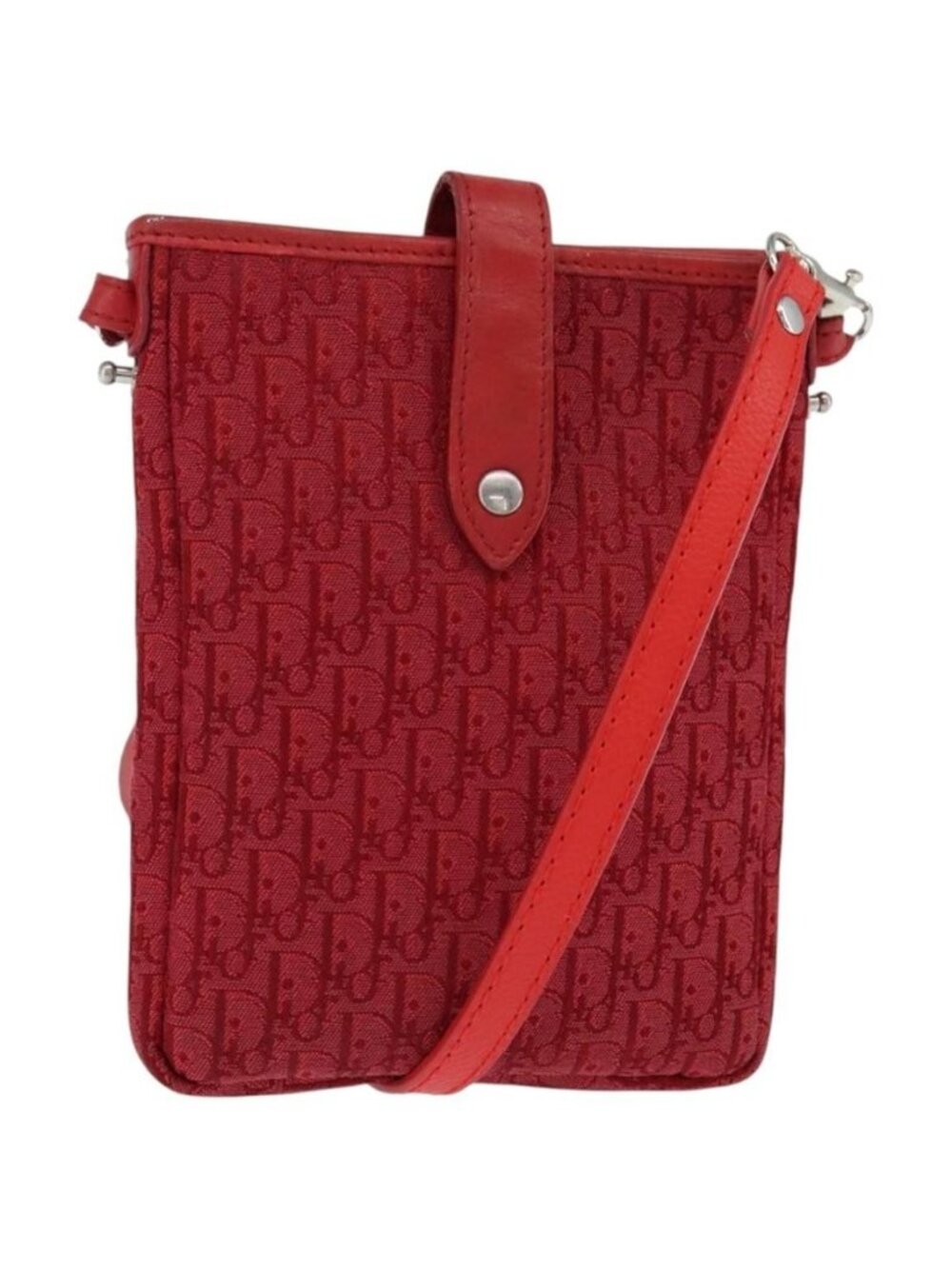 Authentic Christian Dior Trotter Canvas Shoulder Bag Red Silver